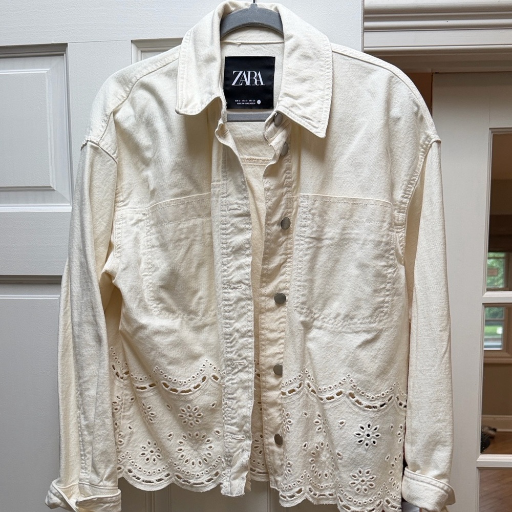 Zara Cream Eyelet Hem Cotton Jacket Shirt